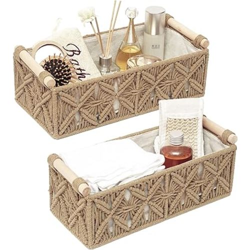 Macrame Storage Basket Boho Decor Baskets for Organizing Woven Decorative Basket for Countertop Toilet Paper Basket for Toilet Tank Top Shelf Basket with Handle for Bathroom Decor Nursery (Set of 2)
