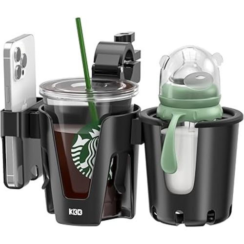 KDD Stroller Cup Holder with Phone Holder, 3-in-1 Removable Bottle Holder, 360 Degrees Rotation Drink Holder for Wheelchair, Stroller, Bike, Walker, Scooter, Bicycle, Uppababy, Bugaboo, Britax,