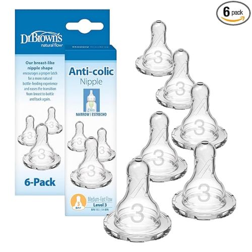 Dr. Brown's Natural Flow Level 3 Narrow Baby Bottle Nipple, Medium-Fast Flow, 6m+, 100% Silicone, 6 Count