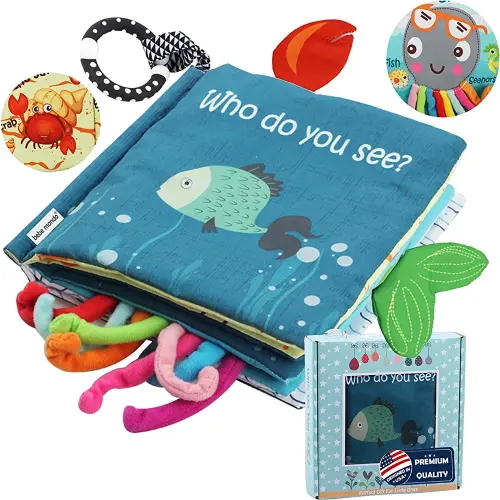 Soft Cloth Crinkle Books Toys Touch and Feel Baby Books for Babies 0-6 Months Infants Toddlers Toy 6 to 12 Months 1-3 Years Old Boy Girl Shower Gifts, Box & Teether Ring, Sensory Toy Fish Shark Tails