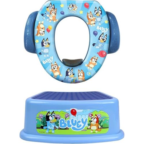 Bluey Potty Training Set, 2 pieces combine soft potty seat and a non-slip step stool, for toddlers and kids, potty training with fun Bluey characters.