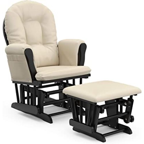 Storkcraft Premium Hoop Glider and Ottoman (Black Base, Beige Cushion) – Padded Cushions with Storage Pocket, Smooth Rocking Motion, Easy to Assemble, Solid Hardwood Base