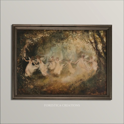 Fairy Dance | Moody Fairytale Aesthetic, Dark Academia Prints, Antique Home Decor, Cottagecore Wall Art, Woodland Fairies Painting