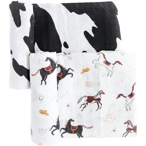 RED ROVR Organic Cotton Swaddle | Newborn Receiving Blanket | Baby Wrap | Boy, Girl, Unisex | Soft, Lightweight, Breathable | Burping, Nursing | 2-Pack | 44" x 44" | Howdy Horse