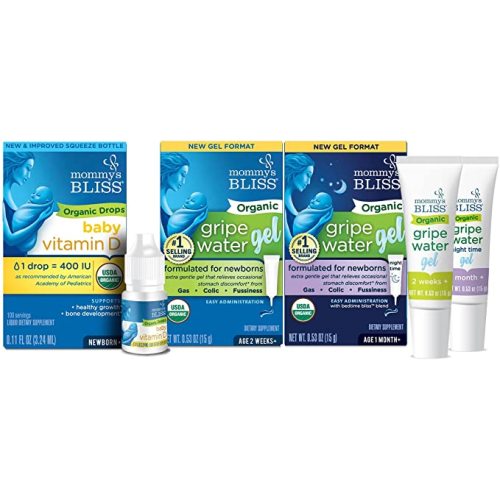 Mommy's Bliss Organic Baby Vitamin D Drops 100 Servings (Pack of 1) with Organic Gripe Water Original and Night Time Gels 45 Servings Each (Pack of 1-Day/1-Night) - Baby Vitamin D Drops + Gripe Water Original & Night Time Gels