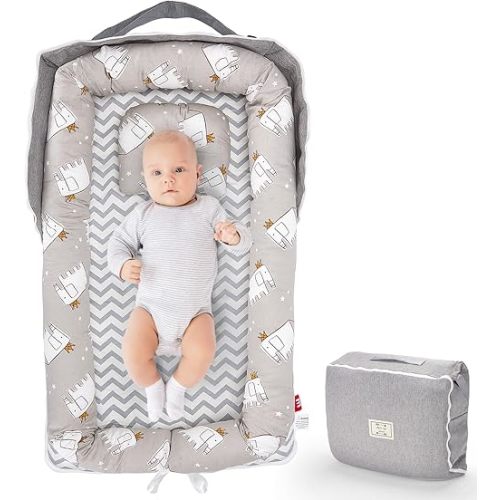 Baby Lounger, Portable Infant Lounger Pillow for Newborn, Adjustable Size Baby Nest Cosleeping for Infant 0-12 Months in Bed - Elephant Ash