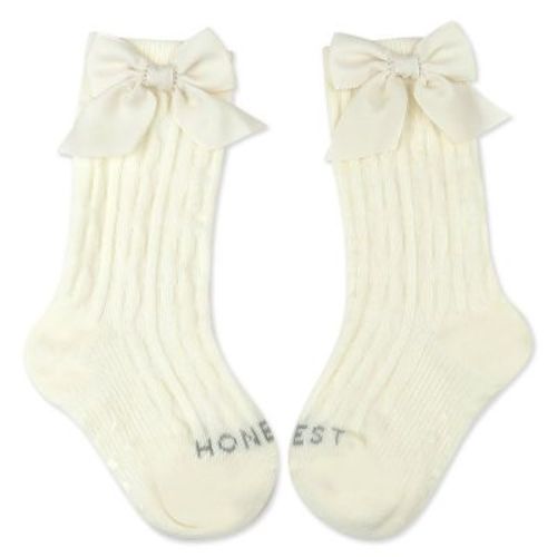 Cable Knit Knee Sock With Bow Ivory 0-6m