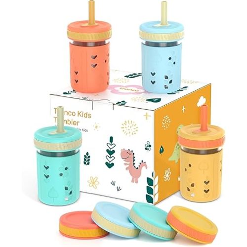 Tronco 8 oz Glass Sippy Cup for Toddlers, Kids Mason Jar Smoothie Cup with Silicone Sleeves & Spill Resistant Flexible Straw, Snack Cup, BPA-Free, Dishwasher Safe