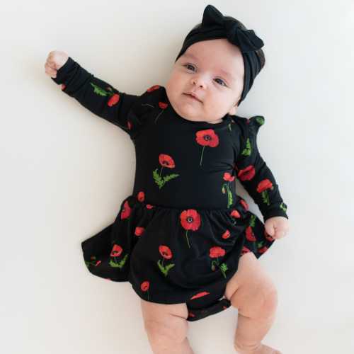 Long Sleeve Twirl Bodysuit Dress in Midnight Poppies