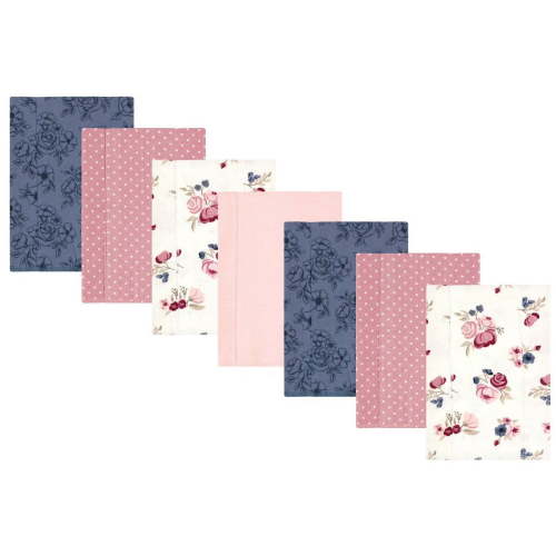 Hudson Baby Infant Girl Cotton Flannel Burp Cloths, Dusty Rose Floral 7-Pack, One Size