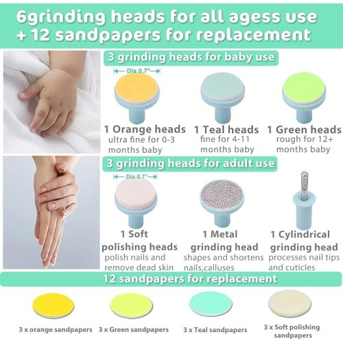 Baby Nail Trimmer Electric Nail File Baby Nail Clippers, Safe Nail Filer Grinder Kit for Newborn Infant Toddler Kids or Adults Toes Fingernails Care Trim Polish, with Led Light and 10 Grinding Heads - White/Teal
