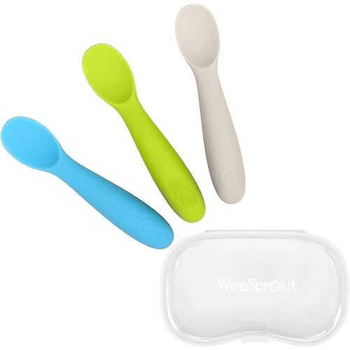 WeeSprout Baby Spoons for Self Feeding 6 Months +, Soft & Chew Proof Durable Silicone Utensils for Sensitive Gums & Teeth, Easy Grip Handles & Shorter Length for Little Hands, 3 Pack + Carrying Case