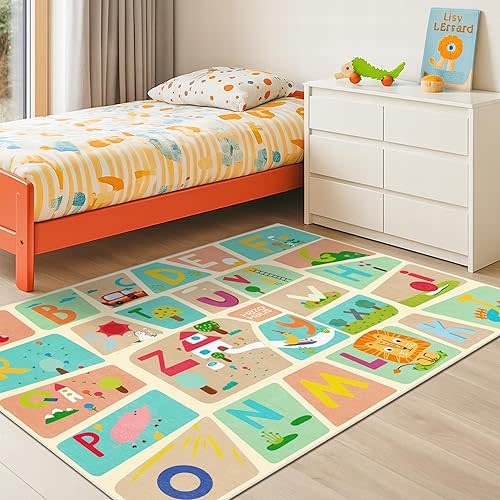 3x5 Preschool Alphabet Rug for Toddlers – Soft ABC Play Mat for Baby Learning, Educational Nursery Rug for Crawling, Reading Nook or Small Playroom – Cute Pastel Beige and Blue Letters Décor