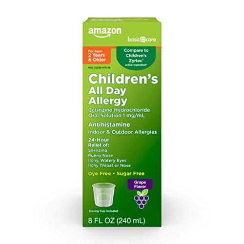 Amazon Basic Care 24 Hour Allergy Relief for Children, Cetirizine Hydrochloride Oral Solution 1 mg/mL, Grape Flavor, Dye Free, 8 fl oz (Pack of 1)