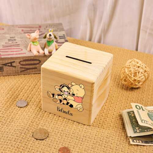 Personalized Winnie the Pooh Piggy Bank for Boy, Kids Money Box with Name, Baby Girl Gift, Tigger Cute Box, Wooden Piggy Bank for Child