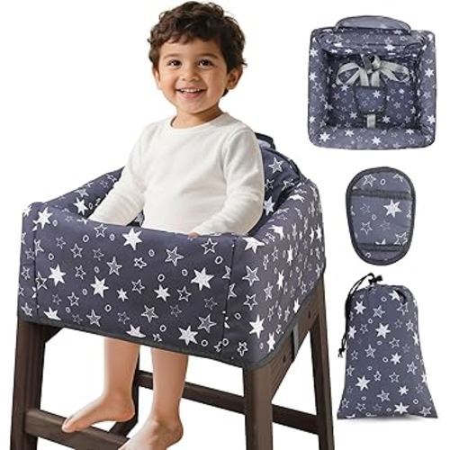 Baby High Chair Cover Restaurant with Strap Pads & 3-Point Harness, Machine Washable, Waterproof Portable Highchair Covers for Eating, Travel, Home Use - Fits Wooden Chairs, Grey Stars