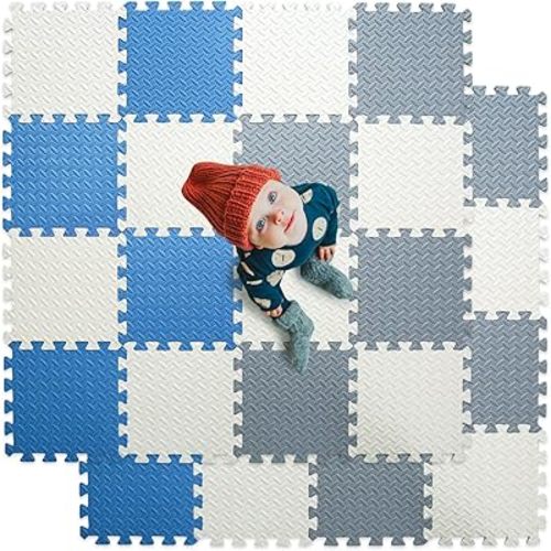 Foam Floor Mats for Kids, 12 x 12 Inch 16 Tiles 0.4" Thickness Foam Play Mat, Non-Toxic Square Interlocking Floor Mats Rubber Baby Play Mat for Toddlers(White/Gray/Gray Blue)