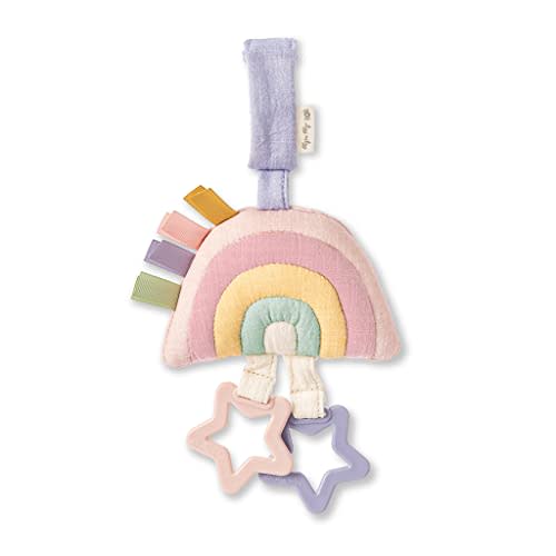 Itzy Ritzy Jingle Travel Toy for Stroller, Car Seat or Activity Gym - Baby Hanging Toy Features Jingle Sound, Clinking Rings & Adjustable Attachment Loop (Pastel Rainbow)
