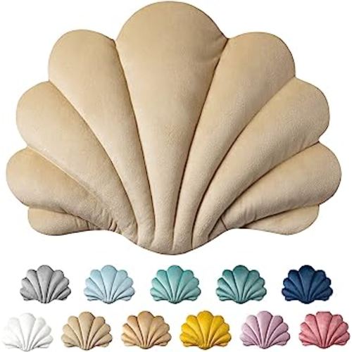 Ashler 3D Throw Pillows Shell Shaped Accent Throw Pillow, Soft Velvet Insert Included Cushion for Couch Bed Living Room, Pack of 1, Beige, 14 X 11 inches