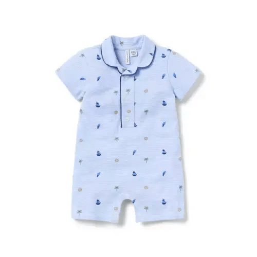 Baby Dreamy Blue Nautical Icon Stripe Baby Striped Nautical Icon Pique Romper by Janie and Jack