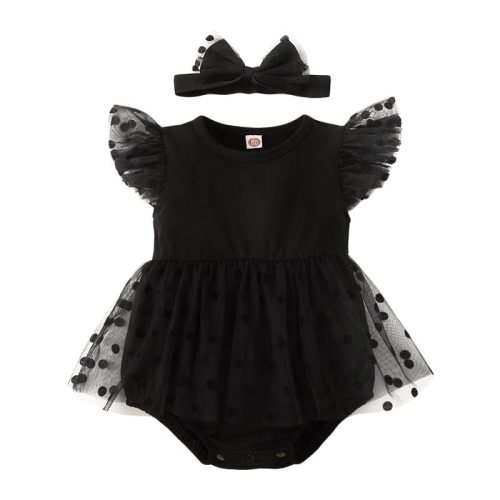Infant Newborn Baby Girl Ruffle Sleeve Dress Romper 2Pc Tulle Bodysuit Headband Set Birthday Summer Fall Clothes