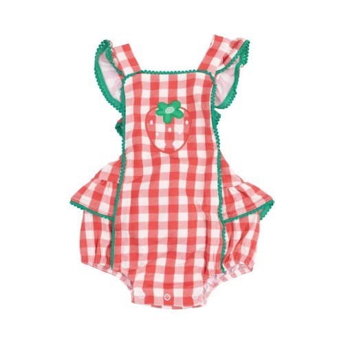 Strawberry Gingham Rickrack Organic Cotton Muslin Bodysuit, 6M