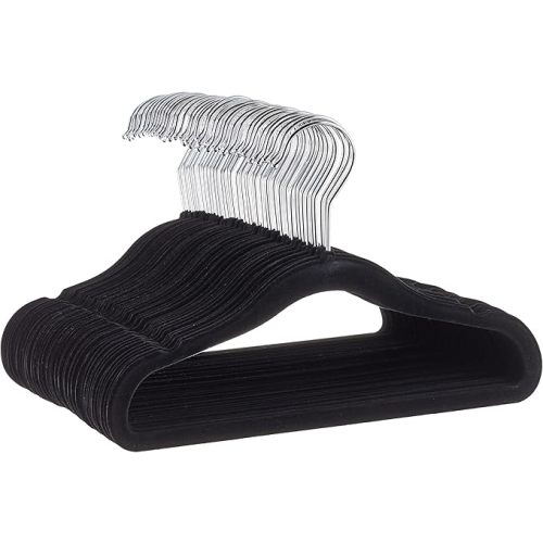 Amazon Basics Kids Velvet, Non-Slip Clothes Hangers for Infant and Toddler, 11.6 Inches (for baby clothes), Pack of 50, Black - 50-Pack