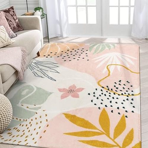Lahome Pink Carpet for Living Room - 4x6 Area Rug for Bedroom Washable Non-Slip Boho Rug Throw Cute Soft Nursery Kids Rug, Abstract Botanical Print Indoor Rugs for Kitchen Entryway Laundry Dining Room
