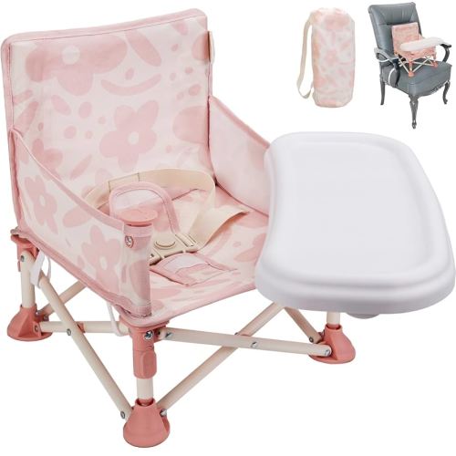 Tiny Marvels Portable 3-in-1 Baby Booster Seat, Cozy Floor Seat, Feeding Seat with Tray, Compact Foldable Toddler Booster with Child Safety Belt Carry Bag, Perfect for Travel (Blush Bloom)