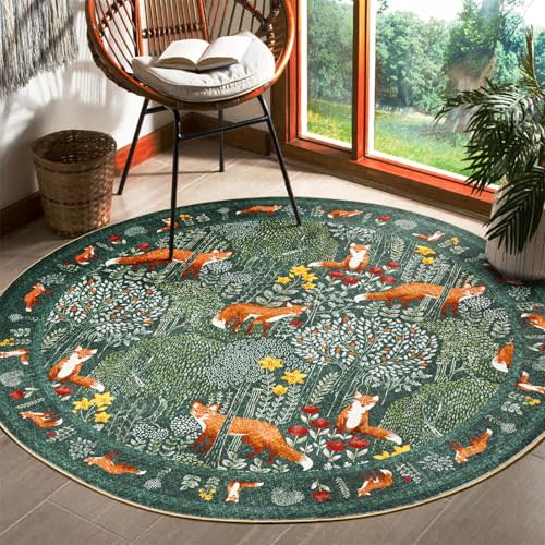 Cute Woodland Forest Kids Rug Boho Floral Round Nursery Rug, Green Aesthetic Bedroom Rug Abstract Tropical 5ft Circle Carpet Washable, Botanical Animals Area Rug for Living Room Entryway Kitchen