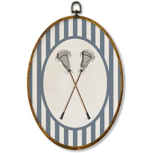 XPH Vintage Lacrosse Sports Nursery Oval Wall Art Framed, Sports Oval Wall Decor Accents, Blue Striped Lacrosse Sticks Hanging Canvas Prints for Home Kids Boy Nursery Room Playroom Decoration, 8.6x11.4 Inch