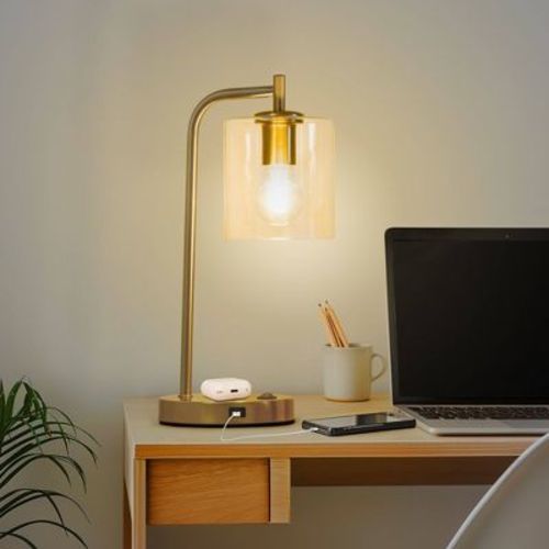 Brightech Elizabeth Modern (Includes LED Light Bulb) USB & Wireless Charging Arc Desk Table Lamp Antiqued Brass: 16" USB Port, UL Listed