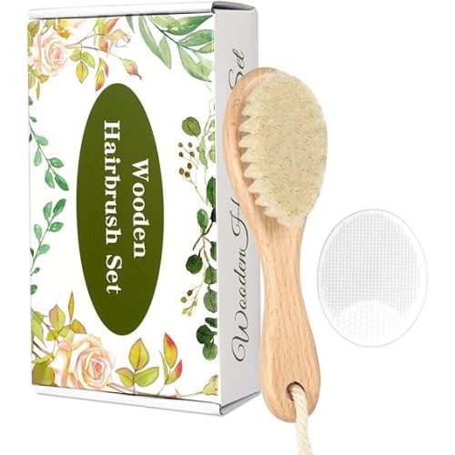 Wooden Soft Goat Bristles Brush with Baby Silicone Hair Scrubber Cradle Cap Brush for Newborn, Toddler, Infant, Baby Hair Care Kit (White)