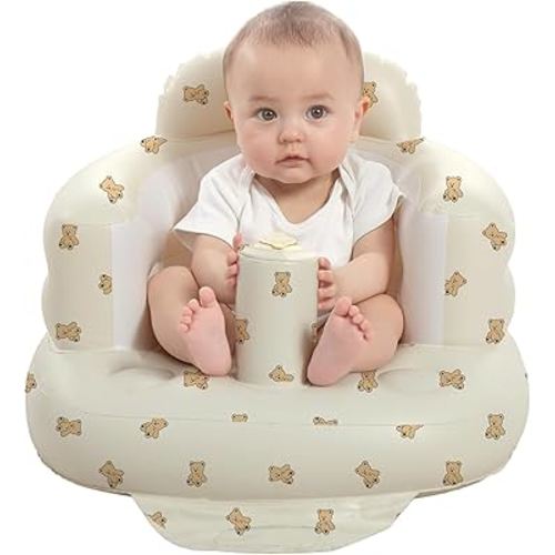 Inflatable Baby Seat for Babies 3-36 Months, Built in Air Pump Baby Chair Sit Me up Floor Seat for Baby, Bumbo Seat for Learning to Sit, Feeding, Camping (Bear Cub)