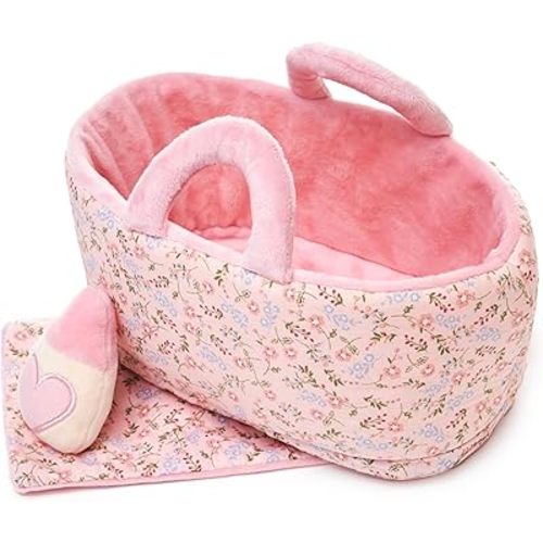 LeyaDoll Soft Baby Doll Set for Toddlers – Pretend Play and Doll Feeding Carrier Bassinet Toy with Plush Cradle, Blanket & Feeding Bottle, 1-3 Girls Birthday