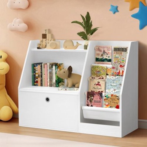 Masiis Teenager Bookshelf with Pull-Out Drawer, 3 Tier Teenager Bookcase Toy Storage Organizer with 4 Layer Sling Bookshelf for Playroom Bedroom, White