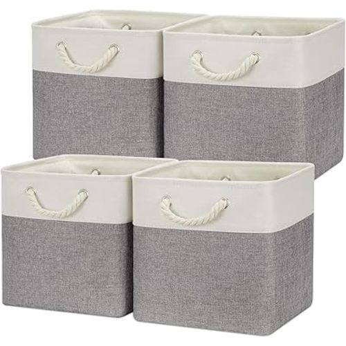 Temary Fabric Baskets 12 Inch Storage Cubes Basket with Handle, Clothes Baskets for Gift, Large Bins for Organizing Books, Blankets (White&Gray)
