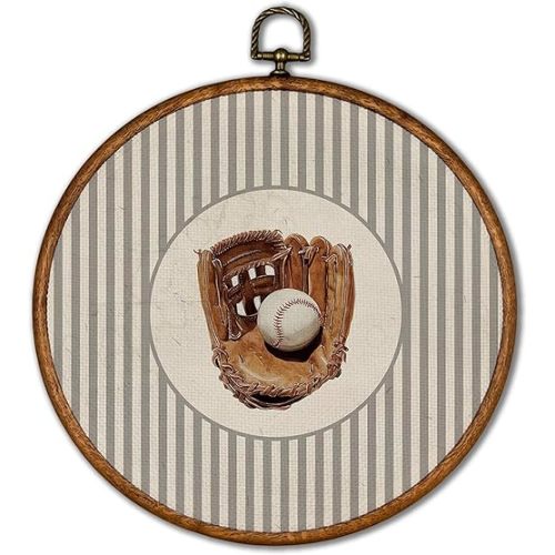 KSDUT Vintage Baseball Wall Art Decor - Retro Sports Trendy Wall Art Canvas Frame Hanging Prints, Nursery Sports Gallery Round Wall Art Decor for Boys Room Home Decorations 10"x10"
