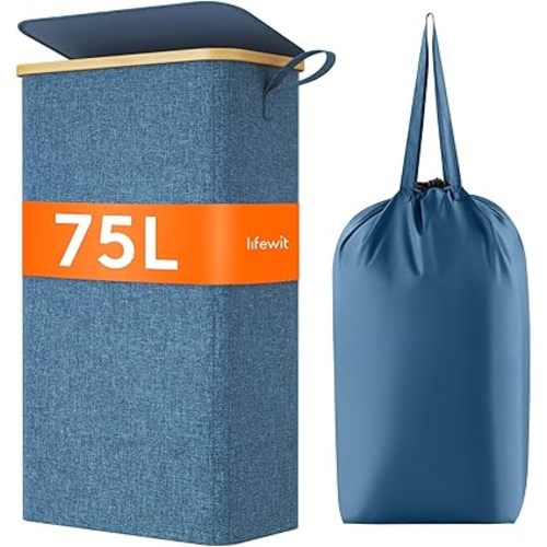 Lifewit 75L Slim Laundry Hamper with Lid, Narrow Laundry Basket with Removable Bag & Bamboo Handles, Fodable Thin Dirty Clothes Hamper for Laundry Collapsible Bin for Bathroom Bedroom Dorm, Dark Blue