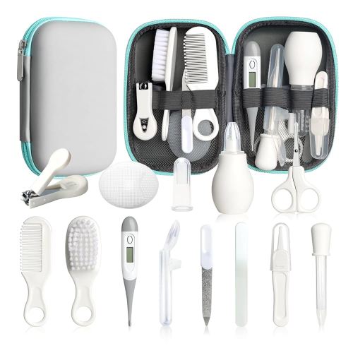 Baby Healthcare and Grooming Kit, 14 in 1 Baby Safety Set Newborn Nursery Health Care Set with Hair Brush Scale Nail Clippers for Baby Girls Boys (14 Kits Grey White)