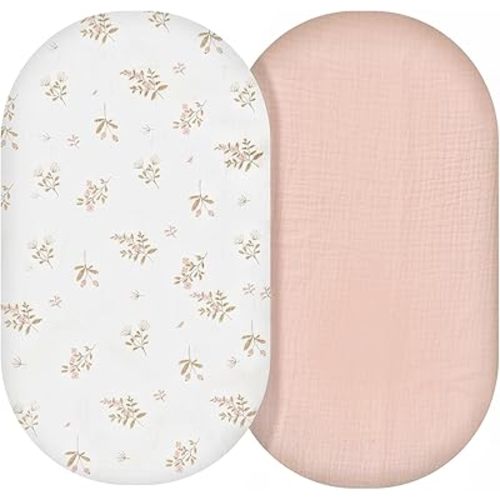 Muslin Bassinet Sheets, Baby Boy and Baby Girl Sheets, Soft Breathable Stretchy Baby Pad/Sheet Set, Universal for Any Mattress, Rectangle, Oval, Hourglass,33''x17''2 Pack (Floral, Pink