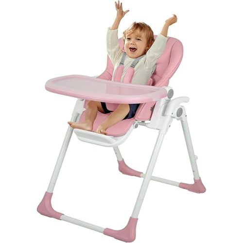 4 in 1 Baby High Chair, High Chairs for Babies and Toddlers, Adjustable Backrest Footrest Seat Height Portable high Chair for Travel with Detachable PU Leather Cushion (Pink)