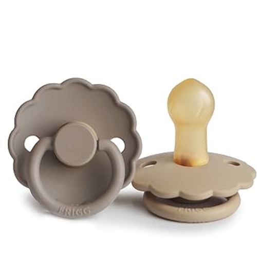 FRIGG Daisy Natural Rubber Baby Pacifier | Made in Denmark | BPA-Free (Croissant/Portobello, 0-6 Months) 2-Pack