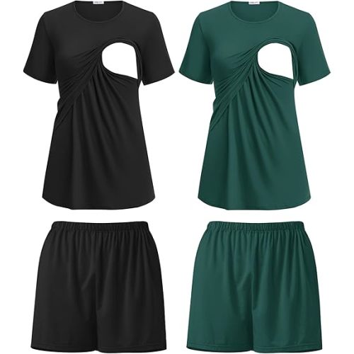 Ekouaer 2 Pack Women's Nursing Pajamas Set Double Layer Maternity Pjs Postpartum Loungewear Set Breastfeeding Tops & Shorts