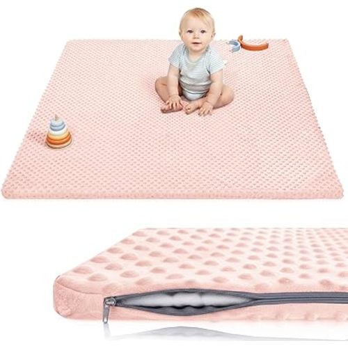 Baby Floor Play Mat for Playpen, Extra Thick 50"x50" Padded Mat with Ultra Soft 3D Minky Dot & Removable Washable Cover, Non-Slip & Safe for Crawling,Tummy Time,Infant/Toddler (Pink)