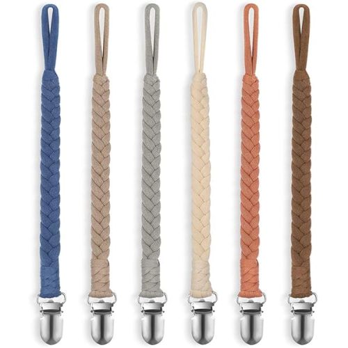 Pacifier Clip for Boys and Girls, 6 Pack Baby Pacifier Holder Leash 100% Handmade Braided Fits All Pacifiers & Teething Toys Modern Unisex Baby Gift