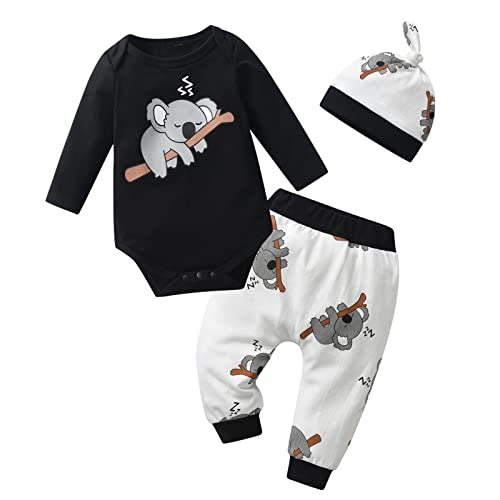 Siracend Newborn Infant Baby Boy Clothes Print Long Sleeve Bodysuit + Pants + Hat 3 PCS Outfits Set