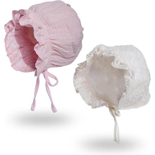 Baby Girls Christening Toddlers Eyelet Breathable Cotton Adjustable Bonnets Sun Protection Hat for Christening Dress(Beige,Pink)