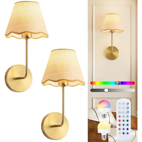 ADISUN Battery Operated Wall Sconce Set of 2, Gold Wall Lamps for Living Room, Rechargeable Bulbs, RGB. Rattan Shade Wireless Wall Lights for Bedroom Living Room Hallway Kitchen(Bulbs Included)
