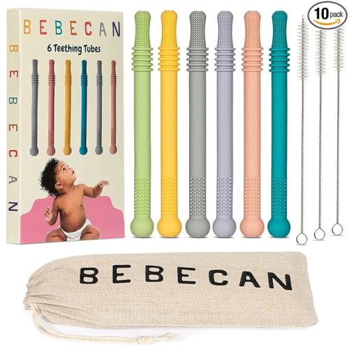 Bebecan Teething Sticks for Babies 36+ Months – Super Soft Silicone Teething Aids, Infant Oral Soothing Relief Back Molars, Multicolor 6-Pack